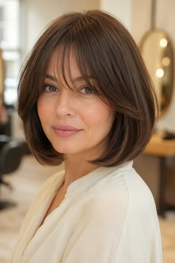 woman with a glossy brunette Italian bob haircut featuring elegant bottleneck bangs, wearing an ivory blouse against a warm cream salon background in bright natural daylight.