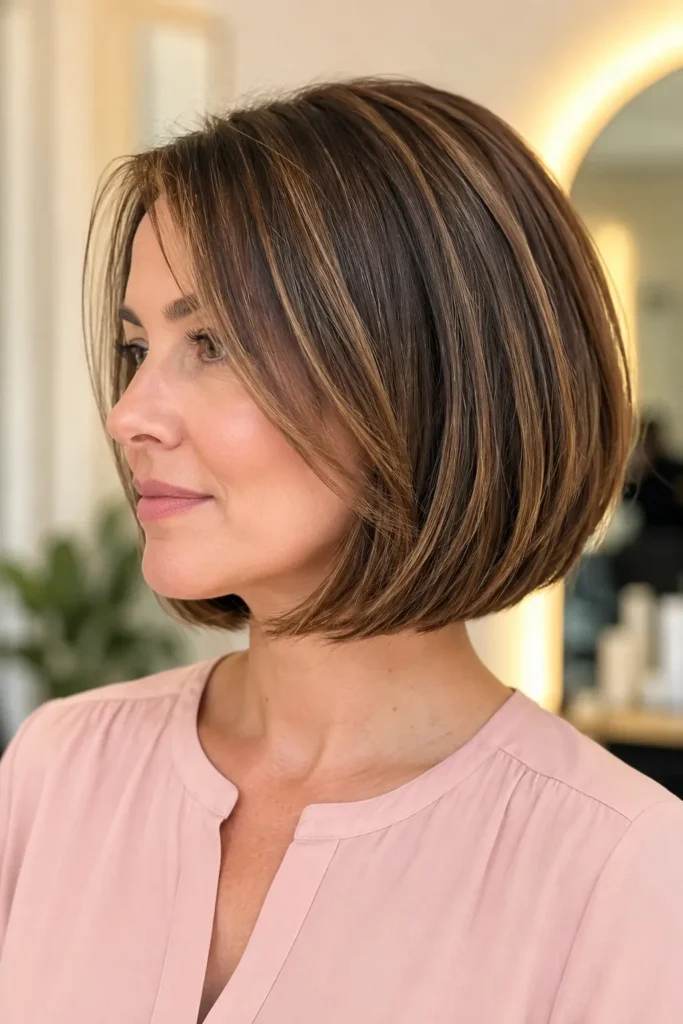 woman with a sleek Italian bob haircut featuring warm caramel balayage highlights on glossy brunette hair, photographed in bright natural daylight against an ivory salon background, wearing a blush-pink blouse with natural makeup.