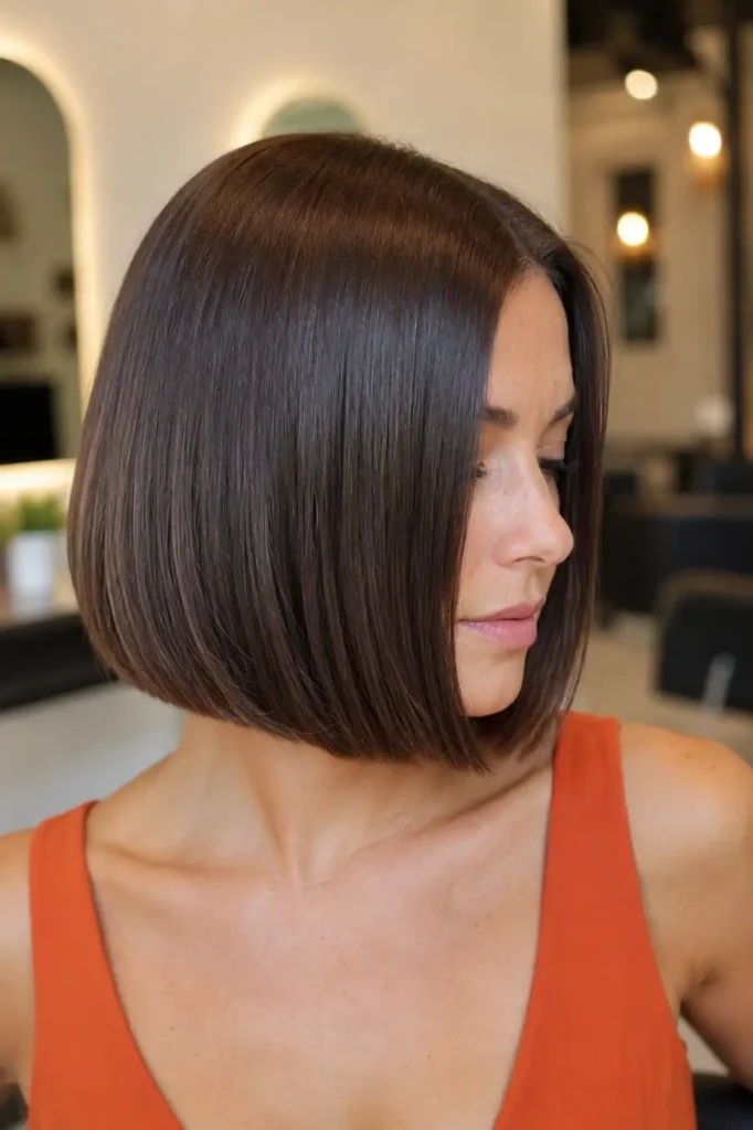 woman with a glossy chocolate-brown Italian bob featuring sleek blunt ends and a luxurious shine, wearing an orange dress in bright daylight against a warm ivory salon background.