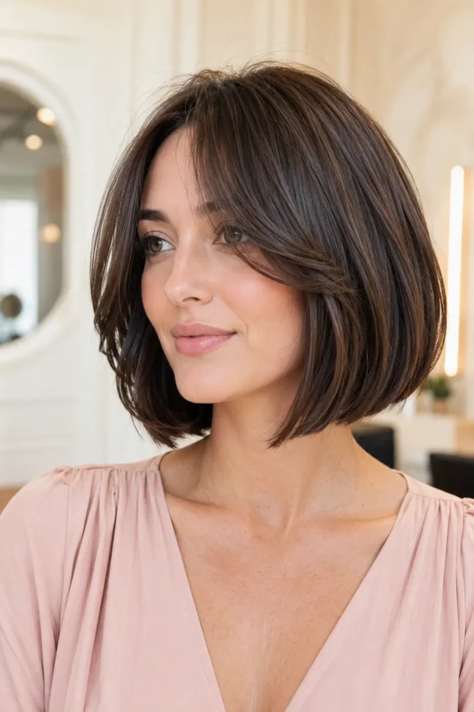 woman with a glossy brunette Italian bob haircut and soft curtain bangs, wearing a blush-pink dress in bright natural light against a cream salon background.