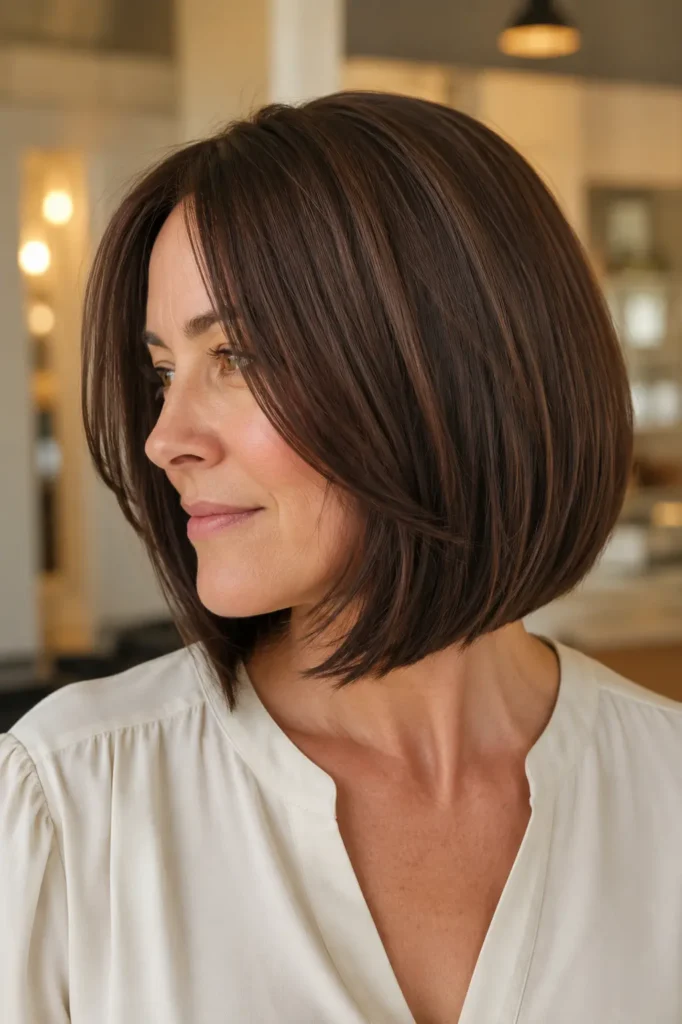 woman with a glossy mocha-brown Italian bob featuring invisible internal layers, photographed in bright natural daylight against a warm beige salon background, wearing an ivory blouse. The photorealistic DSLR portrait highlights the sleek, voluminous hairstyle with natural skin texture and minimal makeup.