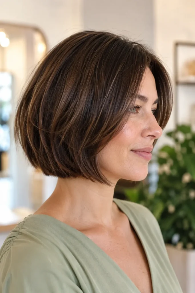 woman with a naturally textured Italian bob haircut in glossy medium-brown hair, photographed in bright daylight against an ivory salon background. She wears a sage-green blouse and natural makeup, with the soft, voluminous hairstyle filling most of the frame in a realistic DSLR portrait.