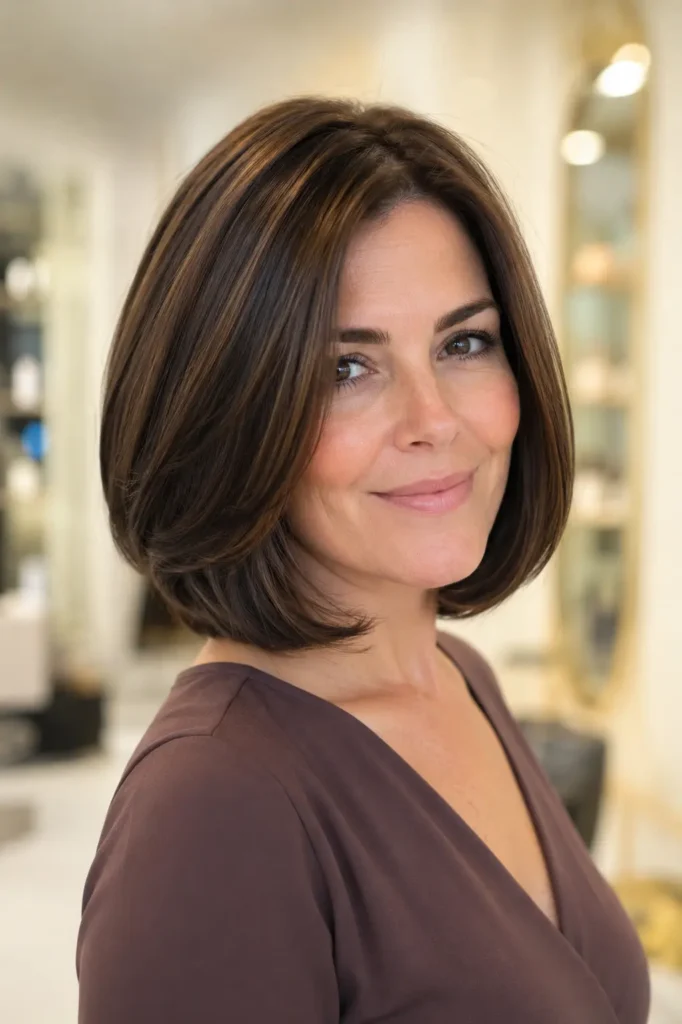 woman with a glossy chocolate-brown Italian bob featuring a soft salon blowout and rounded volume, photographed in bright natural daylight against a cream salon background while wearing a maroon dress.