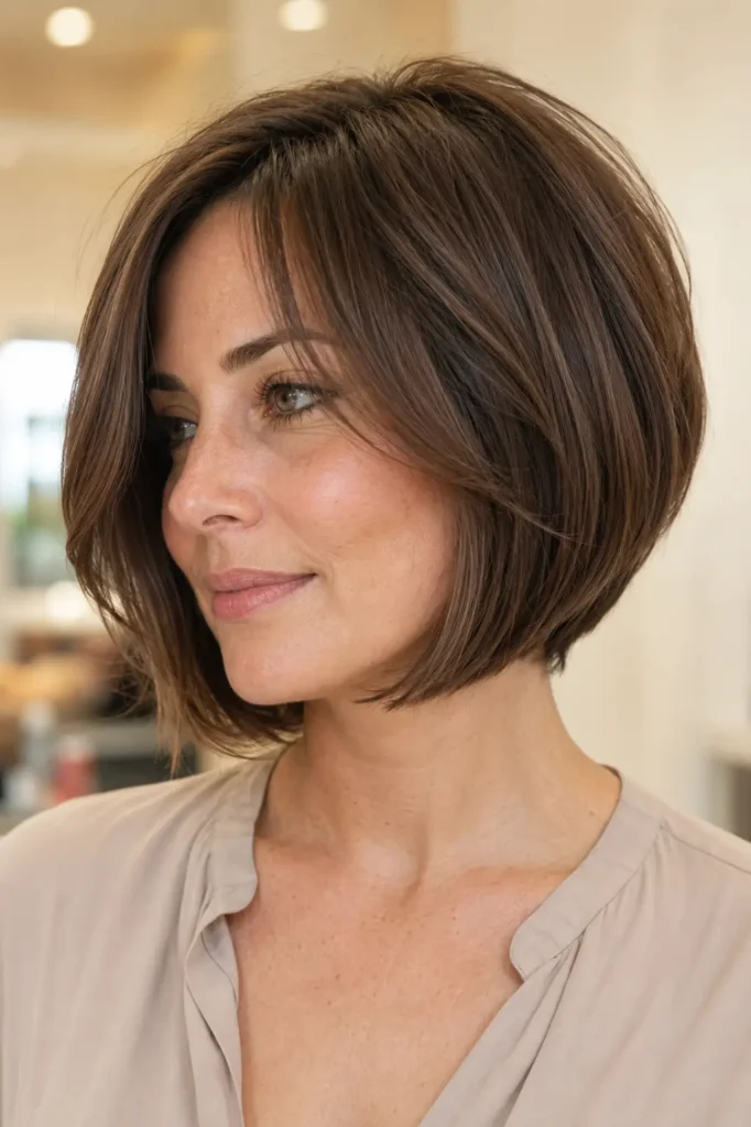 woman wearing an elegant Italian bob haircut with soft face-framing layers and glossy medium-brown hair. She has natural makeup, realistic skin texture, and a soft beige blouse, standing in a bright cream salon with the hairstyle as the main focus.