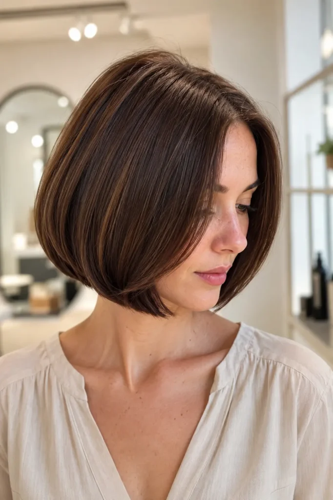 woman with a sleek Italian bob haircut featuring softly curved inward ends and glossy chocolate-brown hair, wearing a light beige blouse against a bright cream salon background in natural daylight.