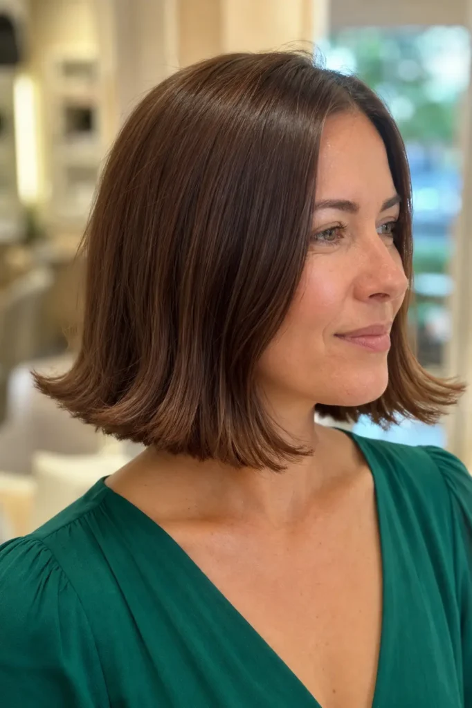woman with a glossy chestnut-brown Italian bob featuring subtly flipped-out ends poses in bright natural daylight. She wears a royal green dress and natural makeup against a warm cream salon background, with the sleek hairstyle as the main focus.