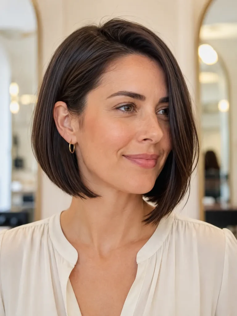 woman with a sleek espresso-brown Italian bob haircut, one side tucked behind the ear, wearing a cream blouse in a bright ivory salon setting with natural daylight.