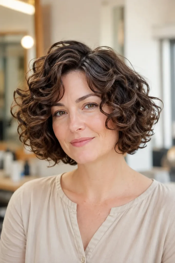 English woman with an Italian curly bob haircut featuring soft rounded volume and glossy brunette curls. She wears a light beige blouse with minimal makeup, photographed in bright window light against a cream salon background, with the hairstyle filling the frame.