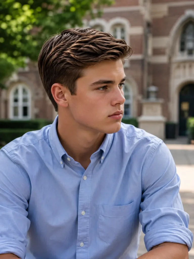 teenage boy with an Ivy League haircut featuring a neatly side-combed textured top and softly tapered sides, wearing a light blue Oxford shirt in a sunlit school courtyard with a softly blurred background.