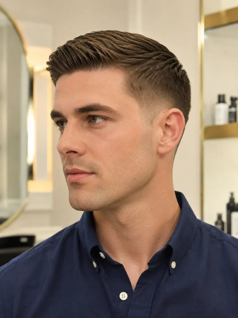man with an Ivy League haircut featuring neatly tapered sides and a naturally combed top, wearing a casual navy button-down shirt in a bright luxury barber studio with a cream background.
