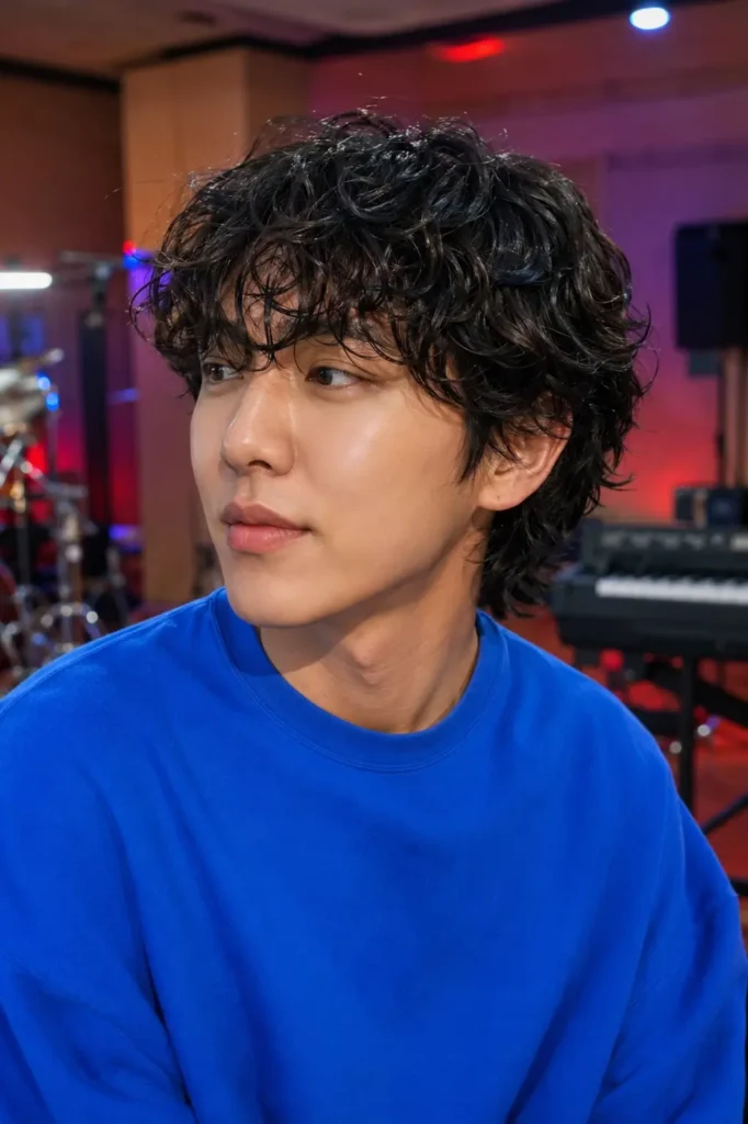 a young adult male with medium-length dark curly Korean-inspired hair and soft fringe, wearing a bright cobalt-blue sweatshirt in a contemporary music rehearsal studio with blurred instruments and soft stage lighting