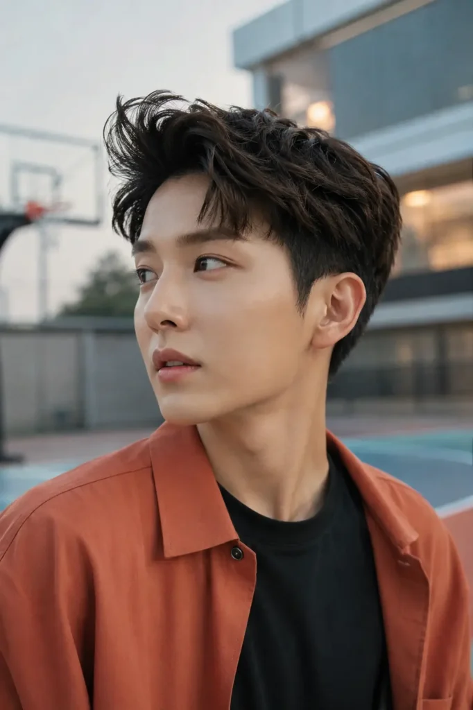 a young man with a J-Hope-inspired short textured quiff in dark brown hair, wearing a terracotta overshirt over a black T-shirt, standing on a contemporary basketball court at sunset with softly blurred architectural surroundings.