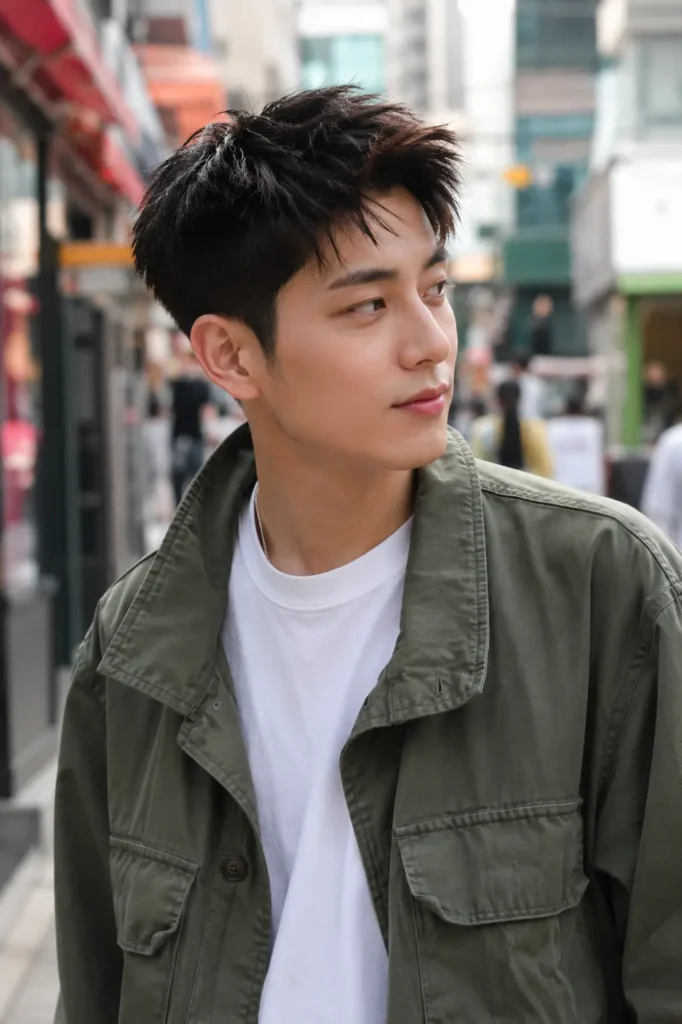 A young man with a J-Hope-inspired textured Korean crop haircut stands on a Seoul-style pedestrian street in natural afternoon light. His dark brown hair features heavily textured, piecey strands with short tapered sides,