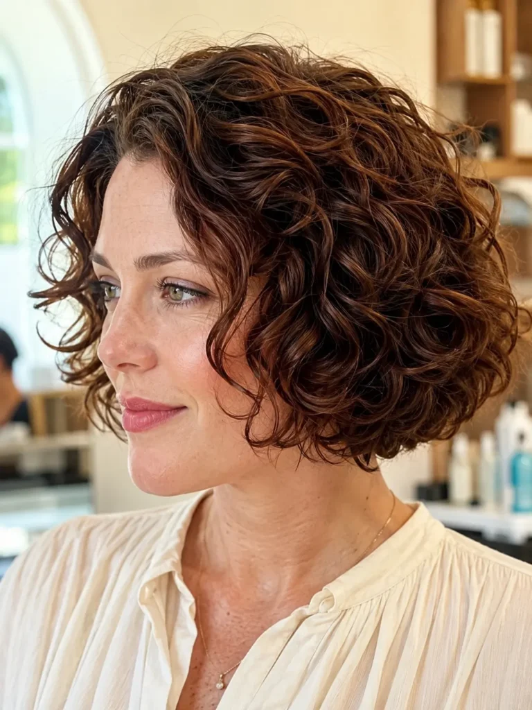 woman with a jaw-length curly bob haircut featuring soft, springy curls and rounded layers. She wears a cream blouse and natural makeup against a warm ivory salon background in bright natural daylight, with the curly hairstyle filling most of the vertical frame.
