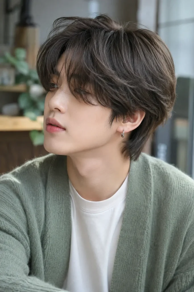 a young adult man with a fluffy layered Korean K-pop hairstyle featuring dark ash-brown hair, airy layers, a soft voluminous fringe, and feathered ends. He wears a muted sage-green oversized cardigan over a white shirt