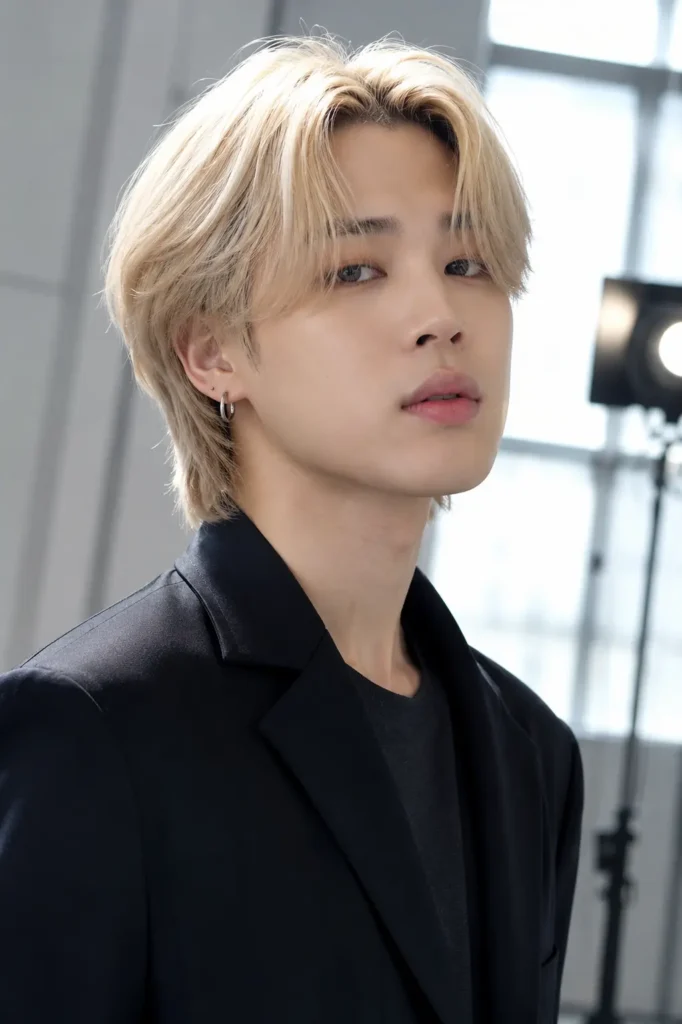 a young man with a soft creamy blonde Korean hairstyle featuring medium-length layered hair and airy curtain bangs. He wears a minimalist black jacket over a charcoal shirt