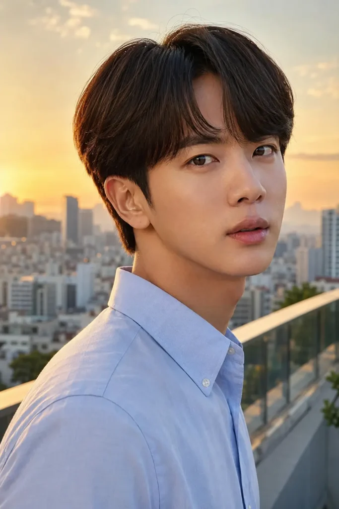 young man wearing a light-blue Oxford shirt showcases a polished Jin-inspired comma hairstyle with glossy dark brown hair and a softly curved fringe