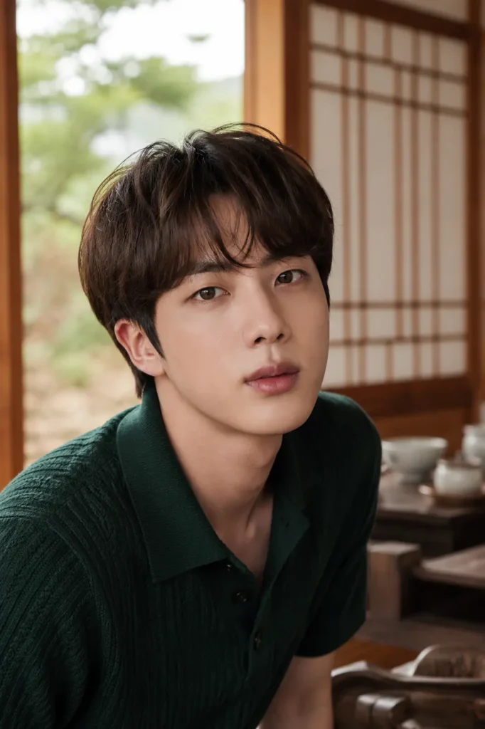 a young man with a fluffy Jin-inspired comma fringe hairstyle and dark brown hair, wearing a dark green knitted polo shirt in a warmly lit traditional wooden tea house with softly blurred paper screens.