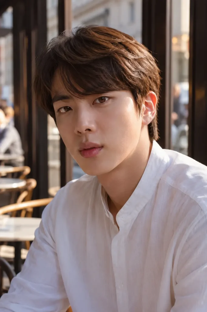 Young man with a Jin-inspired side-swept Korean hairstyle, wearing a white linen shirt in a sunlit European café with softly blurred surroundings.