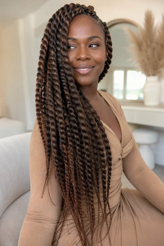 a Black woman with glossy medium-brown jumbo twist braids wearing a camel-colored dress, photographed in bright natural light against a soft ivory beauty studio background.