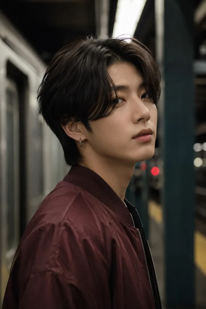 A young man wears a long Korean two-block haircut with dark espresso-brown layered hair framing his face, styled with natural movement. He pairs the look with a burgundy bomber jacket