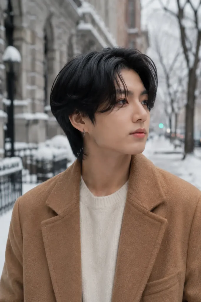 Young man with a glossy black layered Korean haircut and centre part, wearing a camel wool coat and cream sweater on a snowy city street in soft daylight.