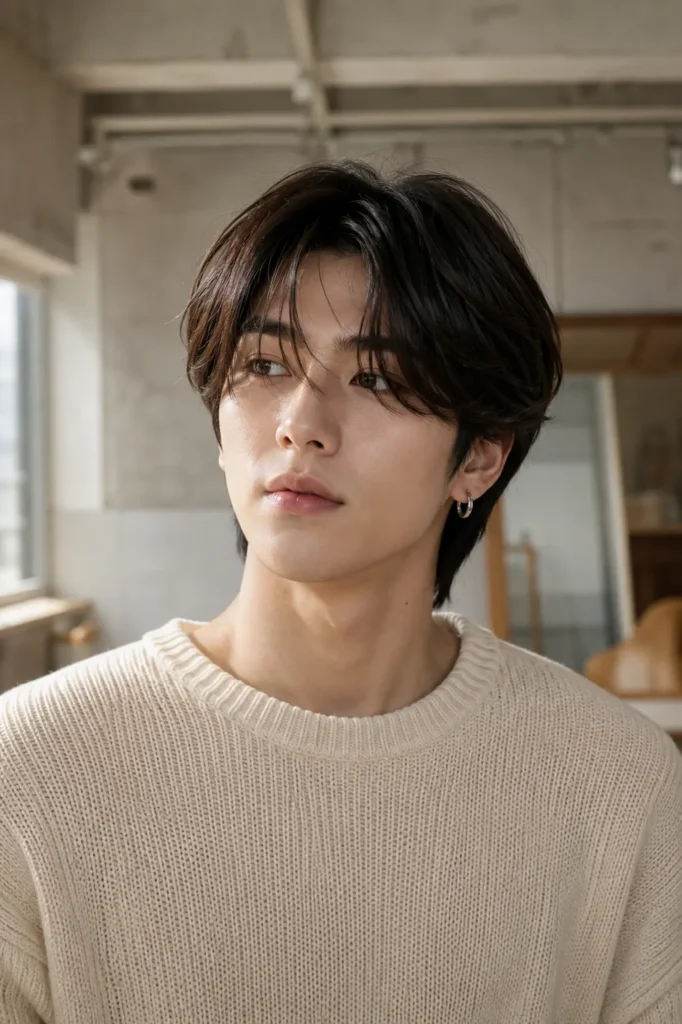 a young man with medium-length dark brown curtain bangs inspired by modern K-pop hairstyle trends, wearing a cream knit sweater in a softly lit studio with the hairstyle as the main focus.