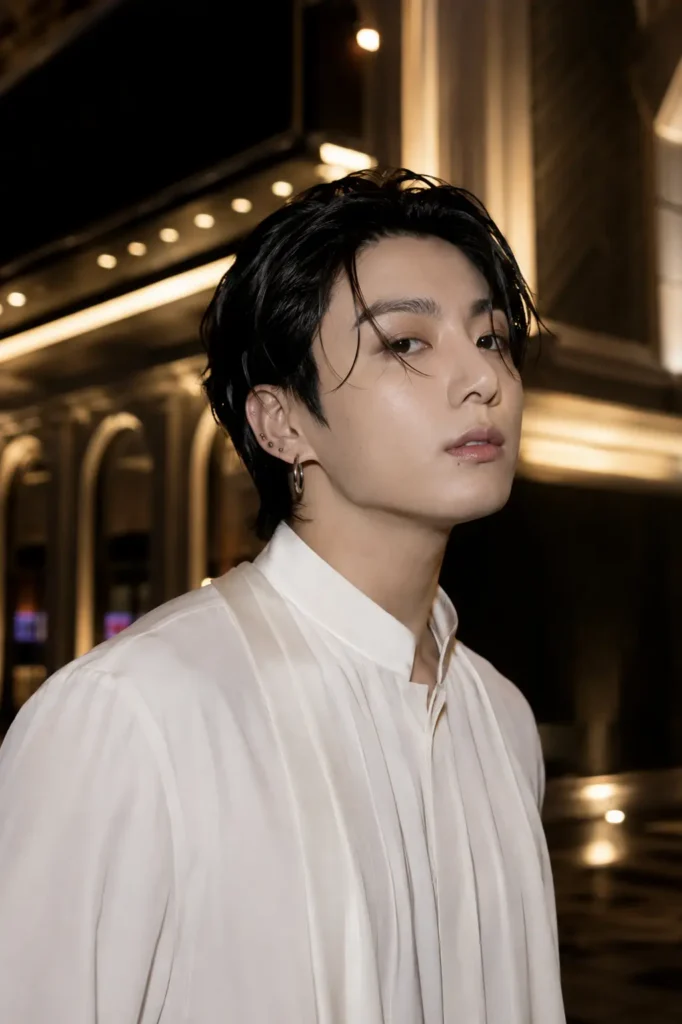 Young man with a sleek wet-look Korean hairstyle, wearing an ivory high-neck shirt at a modern theatre entrance with cinematic night lighting.