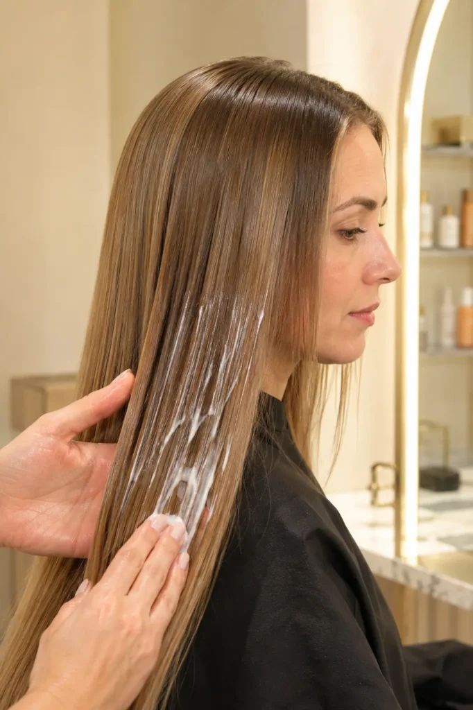 a woman with long straight hair receiving a keratin repair cream treatment by hand in a bright salon, showcasing ultra-smooth, glossy, healthy-looking hair.