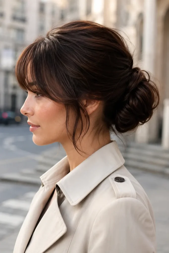 woman with rich brunette hair styled in a knotted low bun and soft wispy fringe, wearing a cream coat dress.