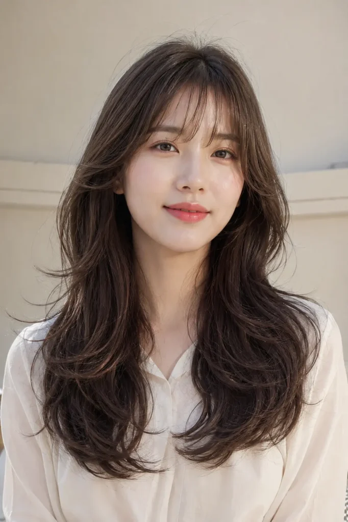 a Korean woman with airy bangs and long layered hair, featuring soft flowing layers, natural volume,