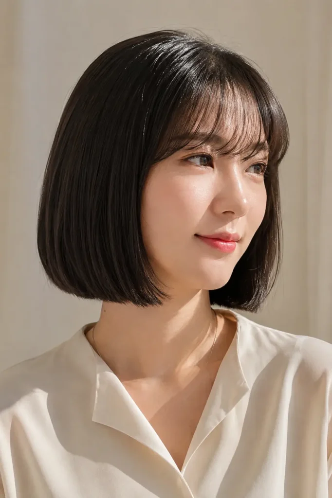 a Korean woman with a sleek blunt bob haircut and soft air bangs, featuring smooth shiny hair,