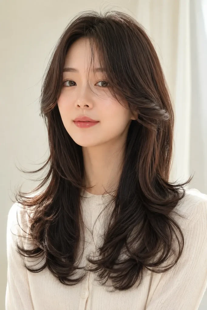 a Korean woman with a butterfly layered haircut featuring feathered face-framing layers, soft volume, glossy dark hair,