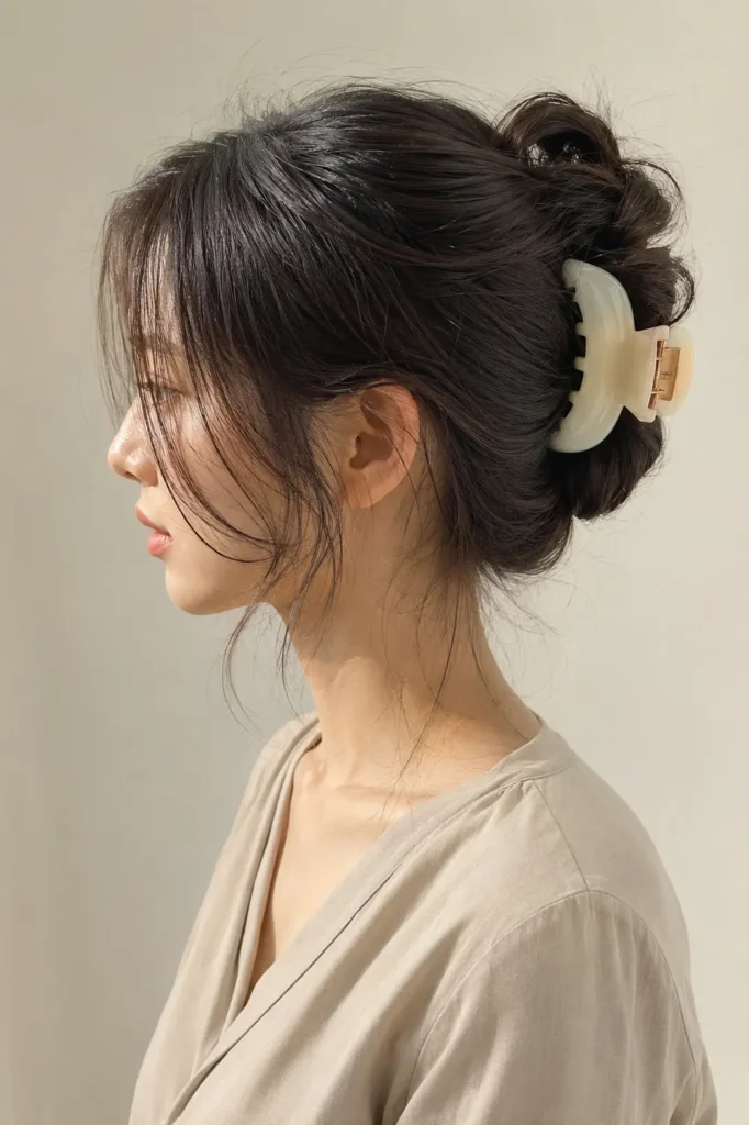 a Korean woman with a soft claw clip hairstyle, featuring a twisted updo, loose face-framing strands,