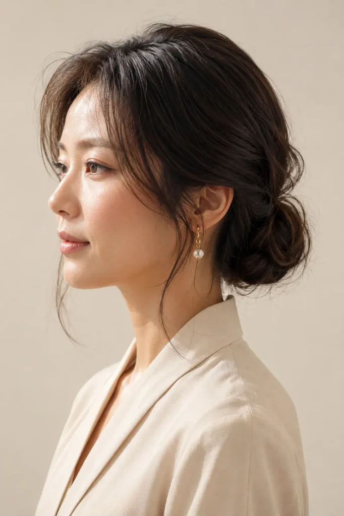 a Korean woman with an elegant low bun hairstyle, featuring soft face-framing strands, smooth glossy hair texture