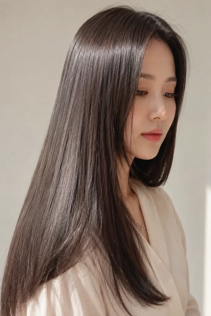 a Korean woman with a glass hair straight hairstyle, featuring ultra-smooth silky strands, mirror-like glossy shine