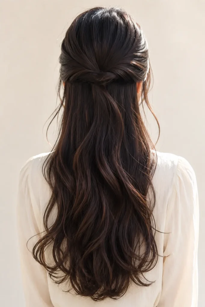 a Korean woman with an elegant half-up half-down hairstyle, featuring long soft flowing waves,