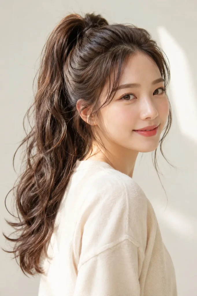 Korean woman with a high ponytail hairstyle featuring soft flowing waves, face-framing strands, natural volume