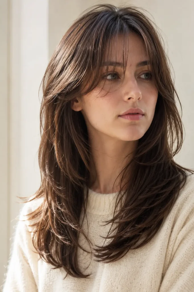 woman with a Korean hush cut hairstyle featuring feathered layers, airy face-framing pieces, soft natural texture