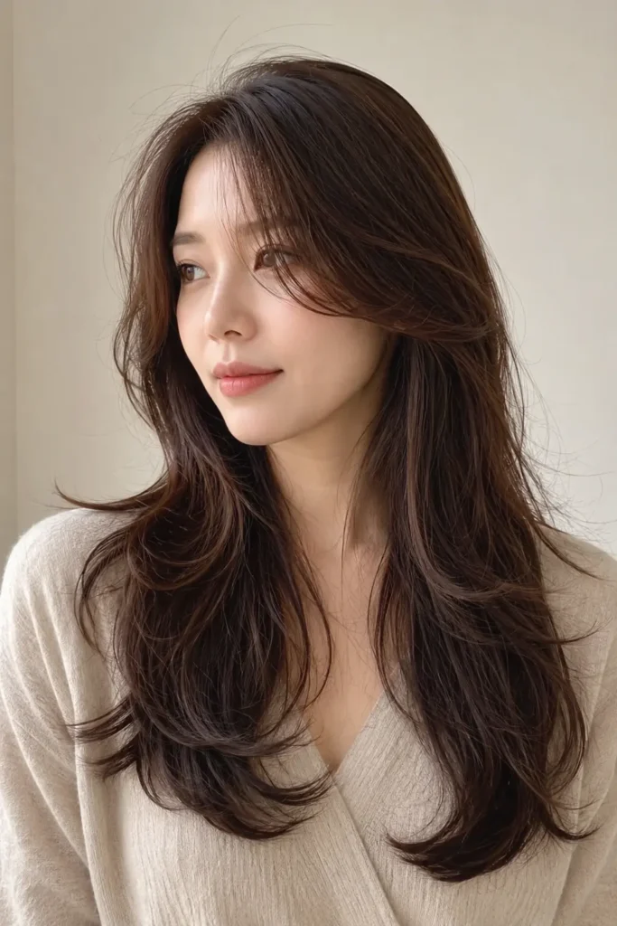 a Korean woman with long layered hair and soft side bangs, featuring flowing layers, glossy shine,