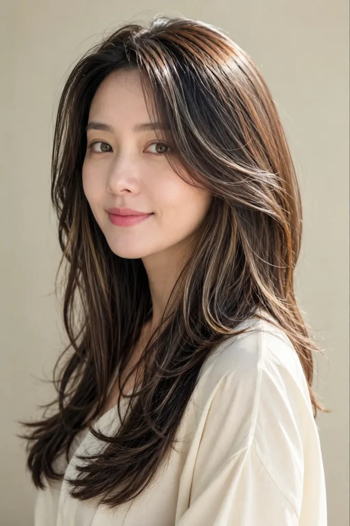 a Korean woman with long layered hair, soft face-framing highlights, smooth waves, glossy shine