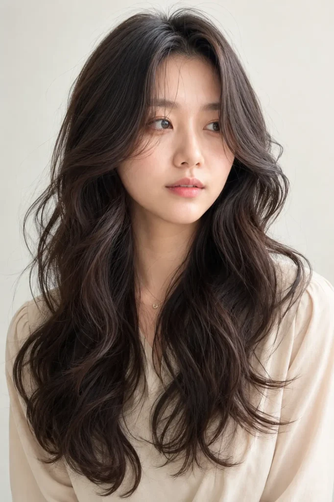 Korean woman with a long wavy hairstyle featuring soft layers, natural volume, glossy dark hair texture, and loose flowing waves in a realistic DSLR portrait.