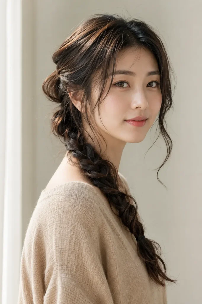 a Korean woman with a loose braided hairstyle, featuring soft face-framing strands, natural hair texture,