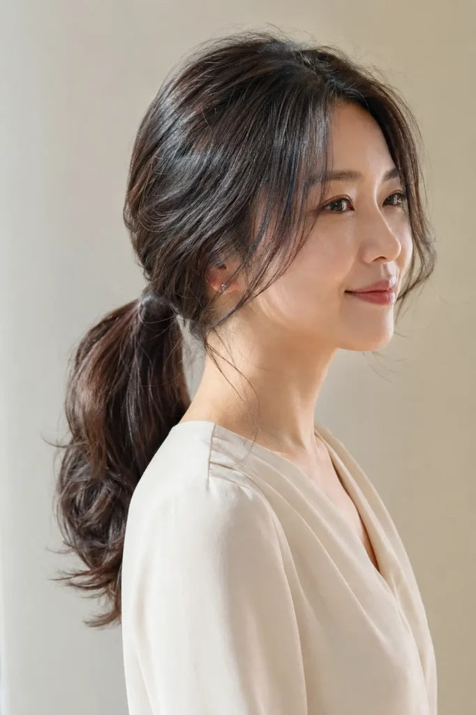 Korean woman with a smooth low ponytail hairstyle featuring soft face-framing layers, glossy healthy hair texture,
