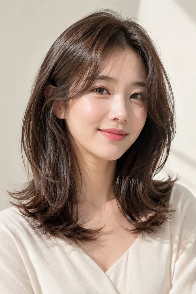 Korean woman with medium-length layered hair featuring flipped ends, soft outward curls, natural volume,