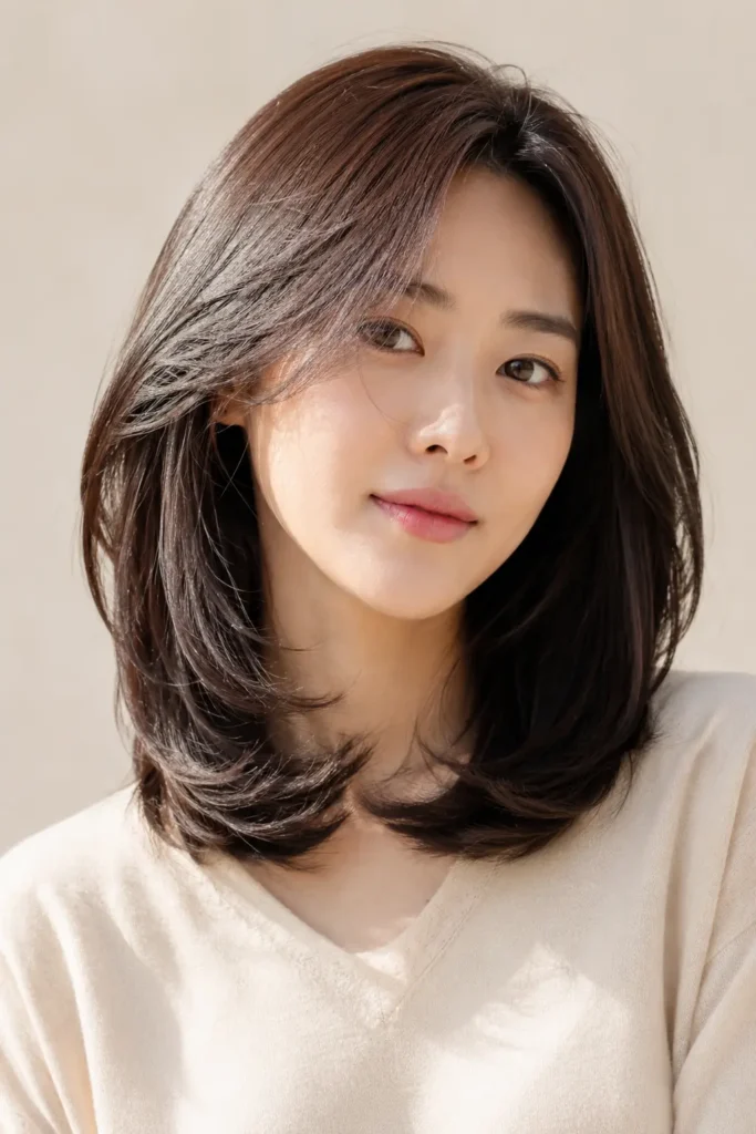 Korean woman with medium-length layered hair, soft C-curl ends, glossy shine, natural volume, beige background, and cream outfit.