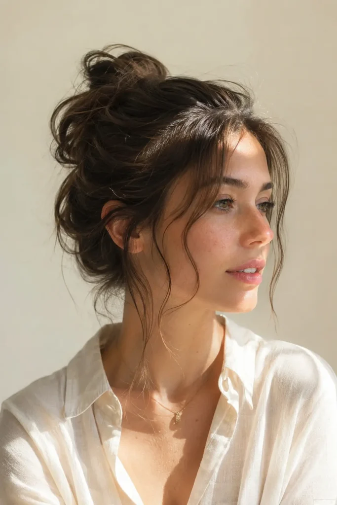 woman with a Korean messy bun hairstyle featuring soft textured volume, loose face-framing strands, glossy healthy hair,