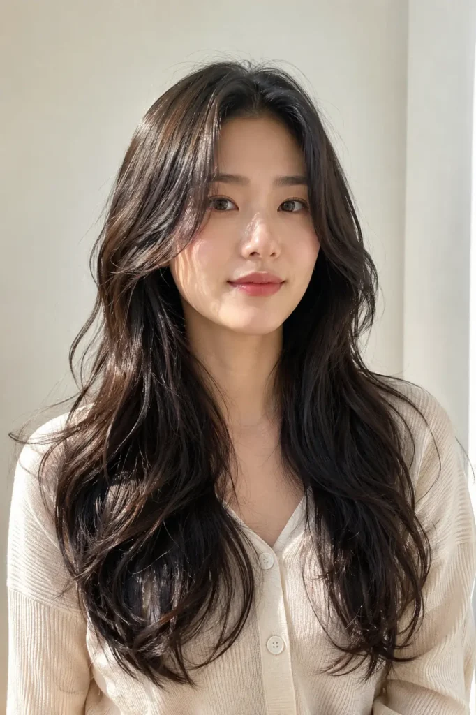 Korean woman with long natural wavy hair and soft face-framing layers, featuring glossy healthy shine,