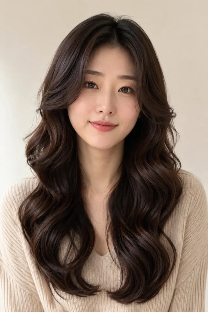 a Korean woman with a glossy S-curl hairstyle, featuring long flowing S-shaped waves, soft layered texture