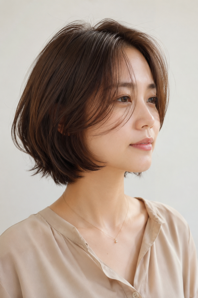 a Korean woman with a short layered bob hairstyle, featuring soft textured layers, natural volume, glossy shine, and smooth shaped ends in bright daylight.